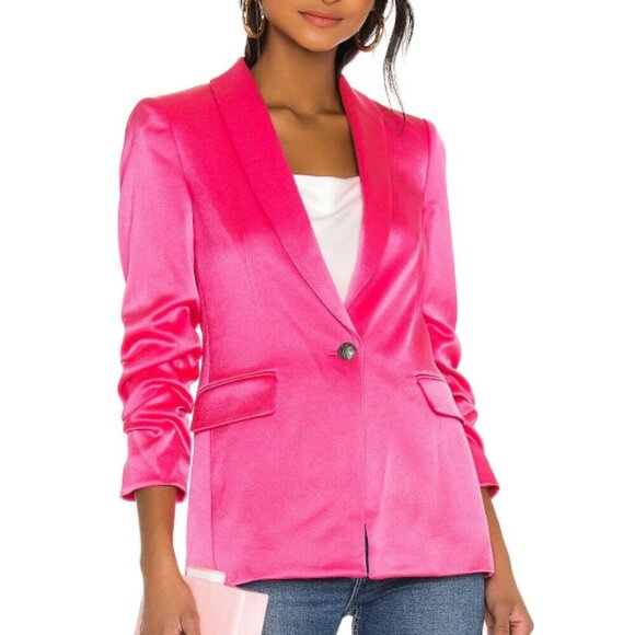 Alice + Olivia 'Sebastian' Ruched-Sleeve Satin Blazer Jacket, Wild Pink - Picture 2 of 4